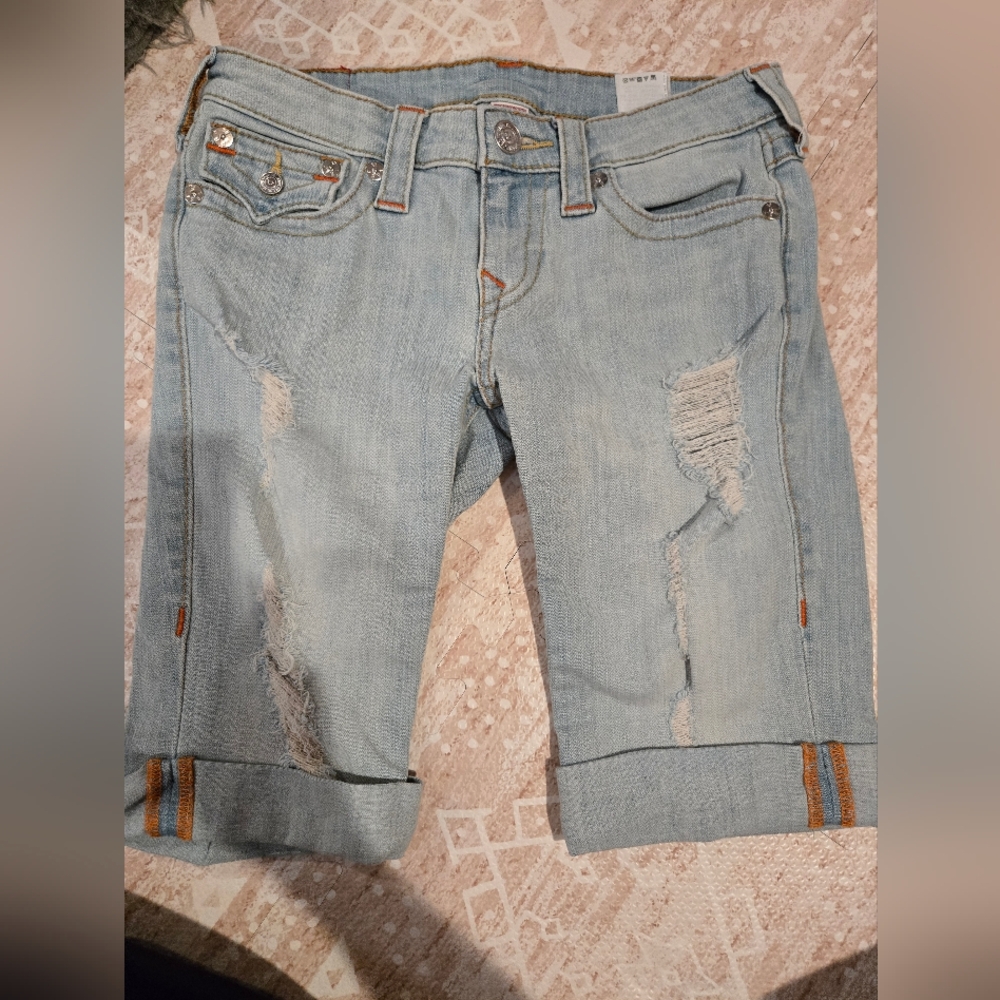 True Religion Light Blue Distressed Jean Bermuda Shorts Sz 28